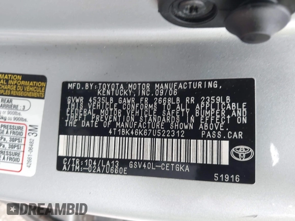2007 Toyota Camry LE with VIN 4T1BK46K67U522312, listed as a IAAI auction lot 42074056 with 177,675 mi miles and . Bid and sale history available at DreamBid. Image 9.