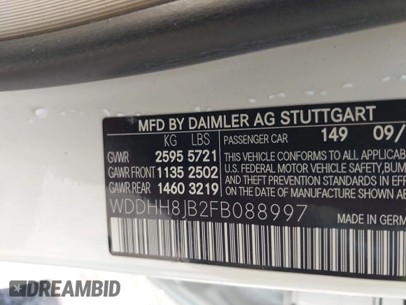 2015 Mercedes-Benz E 350 Luxury with VIN WDDHH8JB2FB088997, listed as a IAAI auction lot 42530336 with 96,993 mi miles and . Bid and sale history available at DreamBid. Image 9.