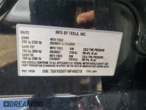 2022 Tesla Model Y Performance with VIN 7SAYGDEF1NF486218, listed as a Copart auction lot 63127435 with 99,302 mi miles and Salvage title. Bid and sale history available at DreamBid. Image 12.