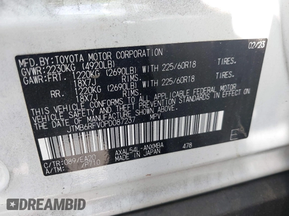 2023 Toyota RAV4 Hybrid XLE Premium with VIN JTMB6RFV0PD087237, listed as a IAAI auction lot 42606802 with 16,872 mi miles and . Bid and sale history available at DreamBid. Image 9.