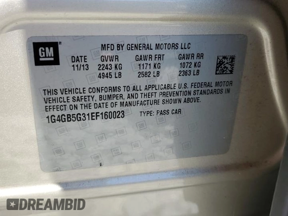 2014 Buick LaCrosse Leather with VIN 1G4GB5G31EF160023, listed as a Copart auction lot 54532785 with 54,743 mi miles and Salvage Title. Bid and sale history available at DreamBid. Image 13.