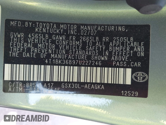 2007 Toyota Avalon XL with VIN 4T1BK36B97U227246, listed as a IAAI auction lot 42008300 with 119,930 mi miles. Bid and sale history available at carsss.com. Image 9.