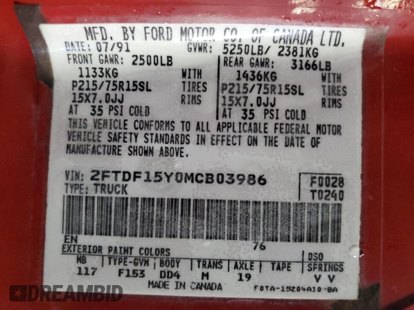 1991 Ford F-150 with VIN 2FTDF15Y0MCB03986, listed as a Copart auction lot 89403545 with 37,829 mi miles and Clean Title. Bid and sale history available at carsss.com. Image 12.