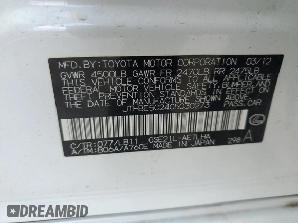 2012 Lexus IS 350 z VIN JTHBE5C24C5030273, wystawiony jako Copart lot #56987965 z przebiegiem 106 957 mil mil oraz Szkoda całkowita • Salvage title. Historia ofert i sprzedaży dostępna na DreamBid. Obrazek 13.