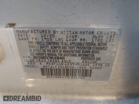 2021 Nissan Versa SV with VIN 3N1CN8EV7ML836403, listed as a IAAI auction lot 41640494 with 75,131 mi miles and . Bid and sale history available at DreamBid. Image 9.