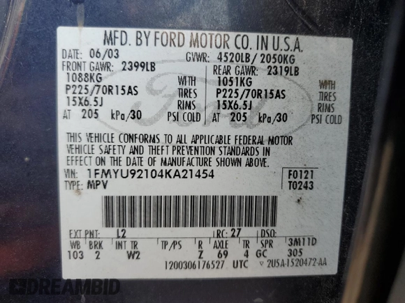 2004 Ford Escape XLS with VIN 1FMYU92104KA21454, listed as a Copart auction lot 74139564 with 217,731 mi miles and Salvage Title. Bid and sale history available at DreamBid. Image 15.