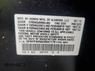 2012 Honda Pilot EX-L with VIN 5FNYF4H56CB041179, listed as a Copart auction lot 45135595 with 162,220 mi miles and Salvage Title. Bid and sale history available at DreamBid. Image 13.