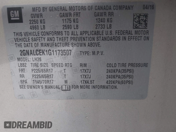 2016 Chevrolet Equinox LT with VIN 2GNALCEK1G1173507, listed as a IAAI auction lot 41439456 with 105,382 mi miles and . Bid and sale history available at DreamBid. Image 9.