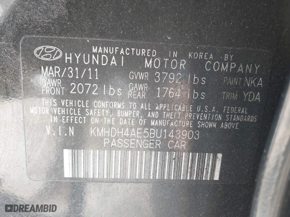 2011 Hyundai Elantra Ltd with VIN KMHDH4AE5BU143903, listed as a IAAI auction lot 41784556 with 182,009 mi miles. Bid and sale history available at carsss.com. Image 9.