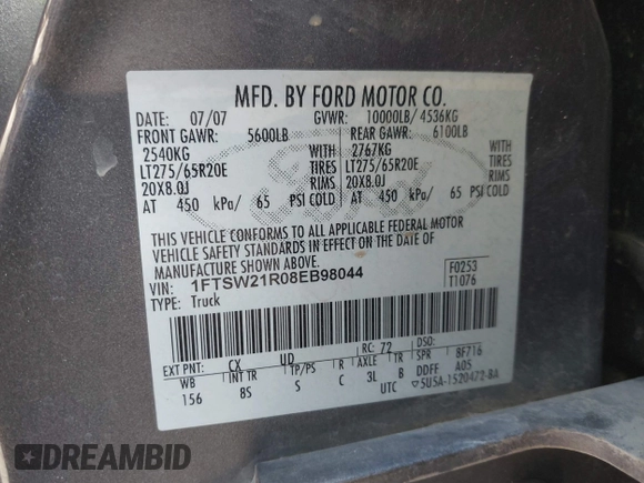 2008 Ford Super Duty F-250 SRW XL with VIN 1FTSW21R08EB98044, listed as a IAAI auction lot 42002642 with 197,393 mi miles. Bid and sale history available at carsss.com. Image 9.