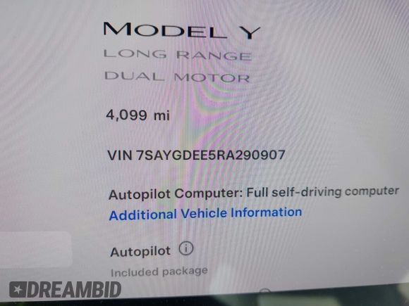 2024 Tesla Model Y Long Range with VIN 7SAYGDEE5RA290907, listed as a IAAI auction lot 41705170 with 4,099 mi miles. Bid and sale history available at carsss.com. Image 15.