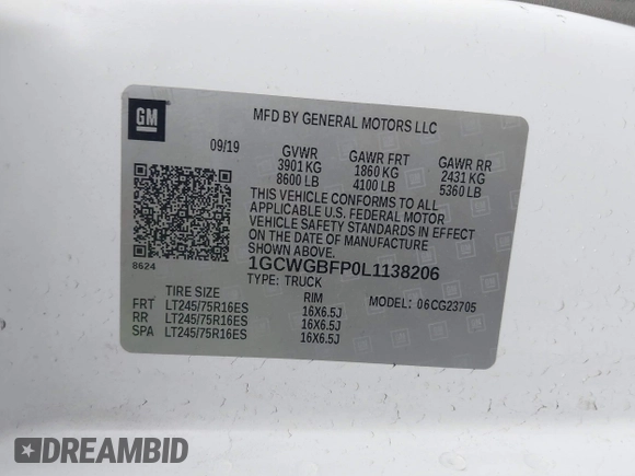 2020 Chevrolet Express Cargo Van with VIN 1GCWGBFP0L1138206, listed as a IAAI auction lot 41773760 with 94,272 mi miles. Bid and sale history available at carsss.com. Image 9.