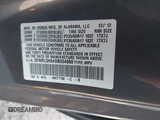 2013 Honda Odyssey EX-L with VIN 5FNRL5H64DB034860, listed as a IAAI auction lot 42013204 with 104,314 mi miles and . Bid and sale history available at carsss.com. Image 9.