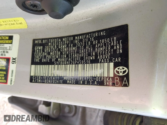 2016 Toyota Corolla L z VIN 5YFBURHE2GP459516, wystawiony jako IAAI lot #41750043 z przebiegiem 111 339 mil mil oraz . Historia ofert i sprzedaży dostępna na DreamBid. Obrazek 9.