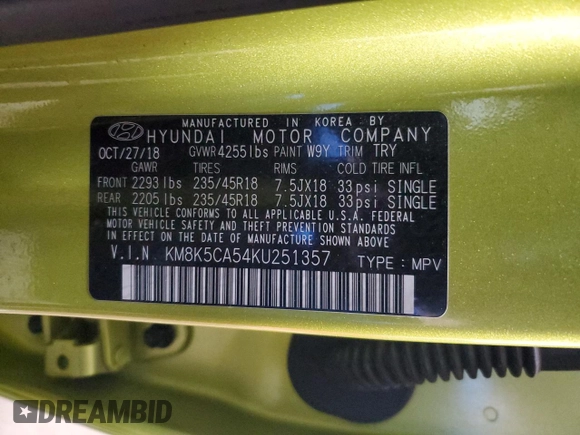 2019 Hyundai Kona Ultimate with VIN KM8K5CA54KU251357, listed as a Copart auction lot 48055745 with 65,021 mi miles and Salvage Title. Bid and sale history available at carsss.com. Image 14.