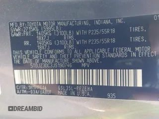 2018 Toyota Sienna LE with VIN 5TDJZ3DC3JS190746, listed as a IAAI auction lot 42161562 with 180,000 mi miles and . Bid and sale history available at DreamBid. Image 9.