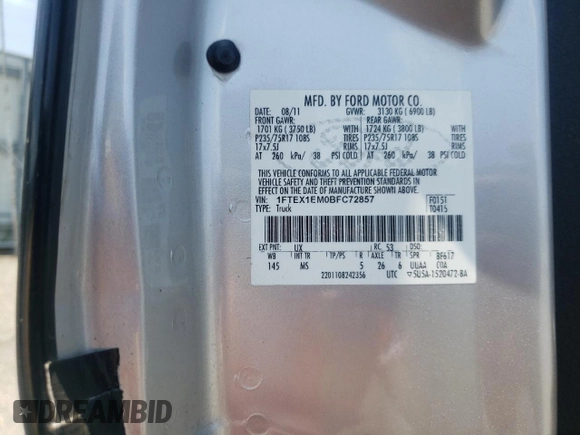 2011 Ford F-150 XL with VIN 1FTEX1EM0BFC72857, listed as a Copart auction lot 61140985 with 180,073 mi miles and Salvage title. Bid and sale history available at DreamBid. Image 12.