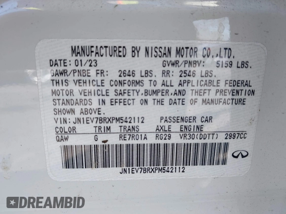 2023 Infiniti Q50 Luxe with VIN JN1EV7BRXPM542112, listed as a IAAI auction lot 41588571 with 20,749 mi miles and . Bid and sale history available at DreamBid. Image 9.
