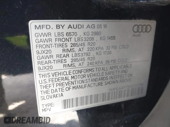 2017 Audi Q7 Premium Plus with VIN WA1LAAF72HD017790, listed as a IAAI auction lot 42624444 with 77,400 mi miles and . Bid and sale history available at DreamBid. Image 9.