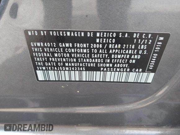 2013 Volkswagen Jetta S z VIN 3VW1K7AJ5DM242345, wystawiony jako IAAI lot #42598698 z przebiegiem 169 870 mil mil oraz . Historia ofert i sprzedaży dostępna na DreamBid. Obrazek 9.