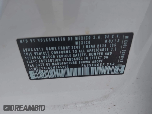 2013 Volkswagen Jetta SE с VIN 3VWDX7AJXDM365203, выставлен на аукционе IAAI как лот 42551918 с пробегом 124 946 миль миль и . История ставок и продаж доступна на DreamBid. Изображение 9.