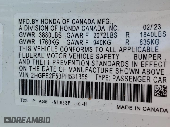 2023 Honda Civic Sport with VIN 2HGFE2F53PH531355, listed as a Copart auction lot 63620895 with 41,048 mi miles and Clean title. Bid and sale history available at DreamBid. Image 13.