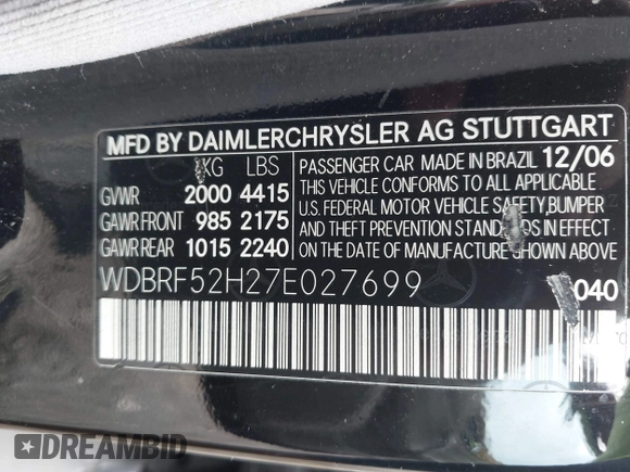 2007 Mercedes-Benz C 230 Sport with VIN WDBRF52H27E027699, listed as a IAAI auction lot 42502206 with 184,039 mi miles and . Bid and sale history available at DreamBid. Image 9.