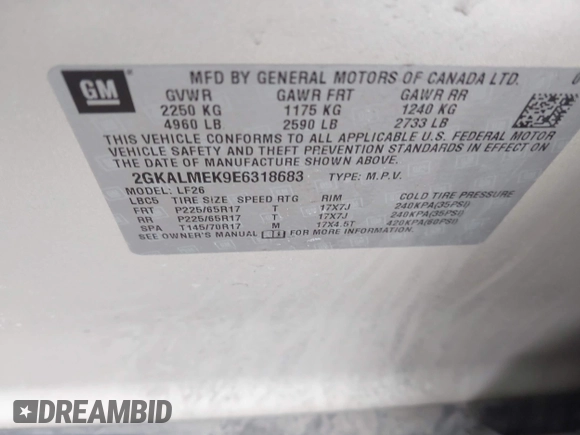 2014 GMC Terrain SLE with VIN 2GKALMEK9E6318683, listed as a IAAI auction lot 42059976 with 137,140 mi miles. Bid and sale history available at carsss.com. Image 9.