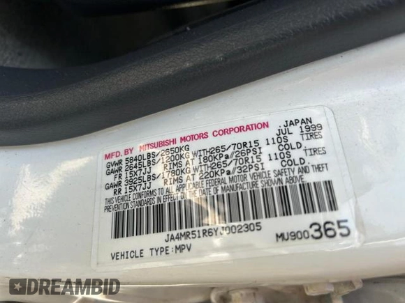 2000 Mitsubishi Montero z VIN JA4MR51R6YJ002305, wystawiony jako Copart lot #50263015 z przebiegiem 138 861 mil mil oraz Czysty tytuł • Clean title. Historia ofert i sprzedaży dostępna na DreamBid. Obrazek 10.