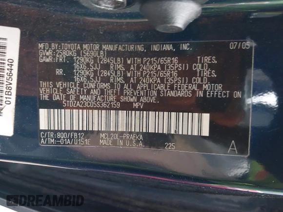 2005 Toyota Sienna CE with VIN 5TDZA23C05S362159, listed as a IAAI auction lot 42057129 with 254,100 mi miles and . Bid and sale history available at DreamBid. Image 9.