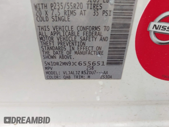 2018 Nissan Pathfinder SL with VIN 5N1DR2MN9JC655651, listed as a IAAI auction lot 41422408 with 106,800 mi miles. Bid and sale history available at carsss.com. Image 9.