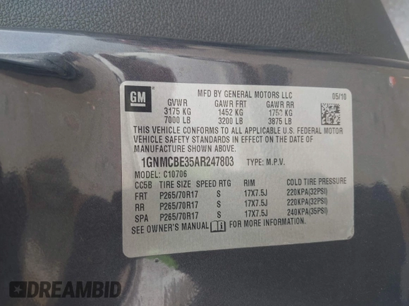 2010 Chevrolet Tahoe LT with VIN 1GNMCBE35AR247803, listed as a IAAI auction lot 42270437 with 264,187 mi miles and . Bid and sale history available at DreamBid. Image 9.