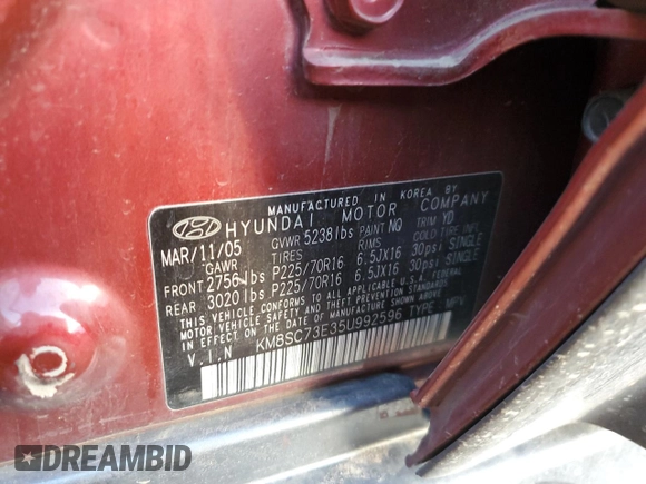 2005 Hyundai Santa Fe GLS with VIN KM8SC73E35U992596, listed as a Copart auction lot 82934614 with 84,000 mi miles and Salvage Title. Bid and sale history available at carsss.com. Image 14.