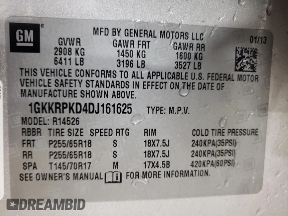 2013 GMC Acadia SLE with VIN 1GKKRPKD4DJ161625, listed as a Copart auction lot 81116964 with 174,655 mi miles and Salvage Title. Bid and sale history available at DreamBid. Image 14.