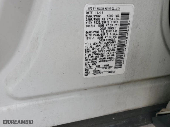 2012 Nissan Murano SV with VIN JN8AZ1MW8CW210804, listed as a Copart auction lot 51558744 with 106,806 mi miles and Salvage Title. Bid and sale history available at carsss.com. Image 14.