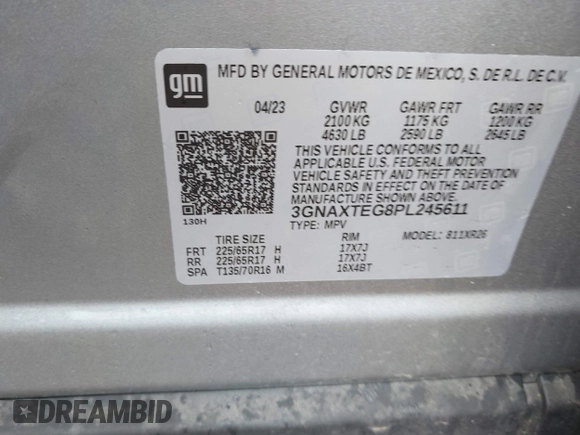 2023 Chevrolet Equinox LT with VIN 3GNAXTEG8PL245611, listed as a IAAI auction lot 42242926 with 14,387 mi miles and . Bid and sale history available at DreamBid. Image 9.