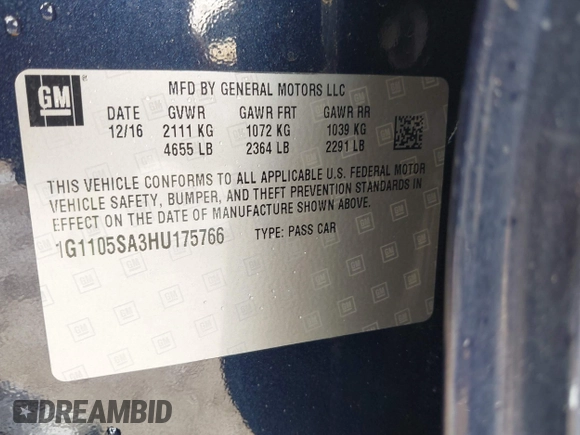 2017 Chevrolet Impala LT with VIN 1G1105SA3HU175766, listed as a IAAI auction lot 39484861 with 179,976 mi miles and . Bid and sale history available at DreamBid. Image 9.