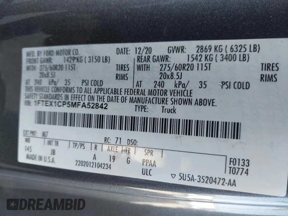 2021 Ford F-150 XL with VIN 1FTEX1CP5MFA52842, listed as a IAAI auction lot 42520858 with 107,873 mi miles and . Bid and sale history available at DreamBid. Image 9.