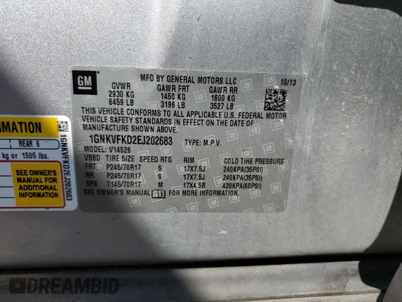 2014 Chevrolet Traverse LS z VIN 1GNKVFKD2EJ202683, wystawiony jako Copart lot #54389105 z przebiegiem 135 587 mil mil oraz Szkoda całkowita • Salvage title. Historia ofert i sprzedaży dostępna na DreamBid. Obrazek 13.