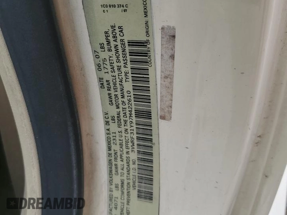 2007 Volkswagen Beetle z VIN 3VWRF31Y97M422610, wystawiony jako Copart lot #58707345 z przebiegiem 55 486 mil mil oraz Szkoda całkowita • Salvage title. Historia ofert i sprzedaży dostępna na DreamBid. Obrazek 12.