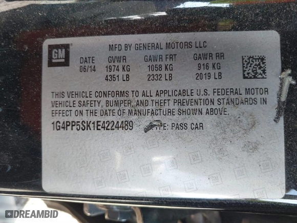 2014 Buick Verano with VIN 1G4PP5SK1E4224489, listed as a IAAI auction lot 40191431 with 123,418 mi miles. Bid and sale history available at carsss.com. Image 9.