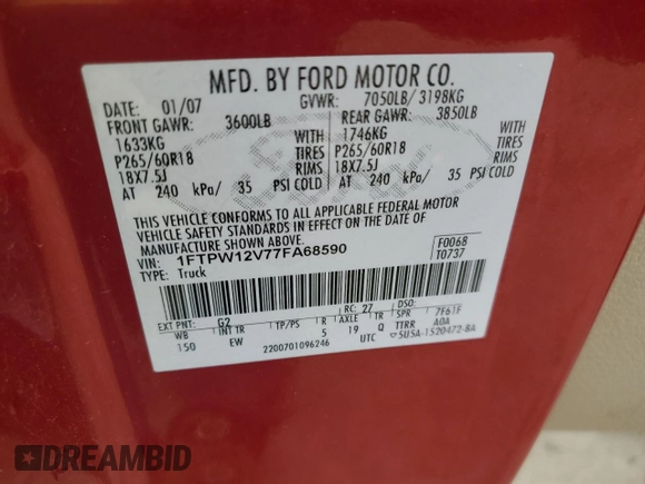 2007 Ford F-150 XLT with VIN 1FTPW12V77FA68590, listed as a Copart auction lot 56565435 with 196,268 mi miles and Salvage title. Bid and sale history available at DreamBid. Image 12.