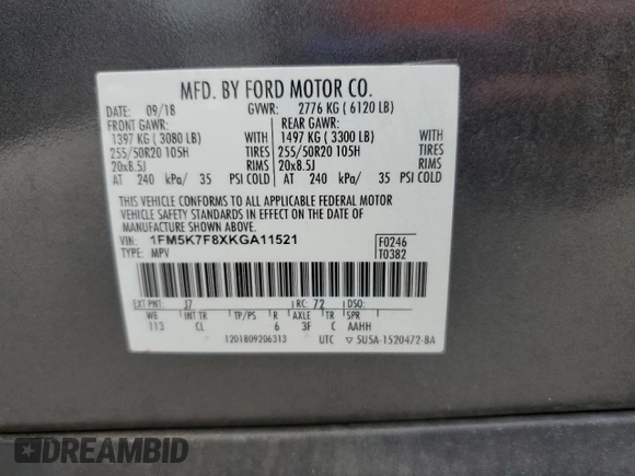 2019 Ford Explorer Limited z VIN 1FM5K7F8XKGA11521, wystawiony jako Copart lot #59128075 z przebiegiem 123 704 mil mil oraz Szkoda całkowita • Salvage title. Historia ofert i sprzedaży dostępna na DreamBid. Obrazek 13.