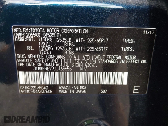 2018 Toyota RAV4 XLE with VIN JTMWFREV9JJ165655, listed as a IAAI auction lot 42138998 with 123,569 mi miles and . Bid and sale history available at carsss.com. Image 9.