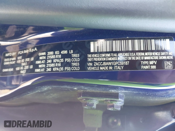 2016 Jeep Renegade Sport with VIN ZACCJBAW1GPC59187, listed as a IAAI auction lot 41699358 with 121,151 mi miles. Bid and sale history available at carsss.com. Image 9.