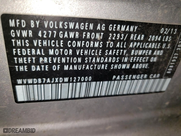 2013 Volkswagen Golf w/Conv with VIN WVWDB7AJXDW127000, listed as a Copart auction lot 45544415 with 153,518 mi miles and Salvage Title. Bid and sale history available at carsss.com. Image 12.