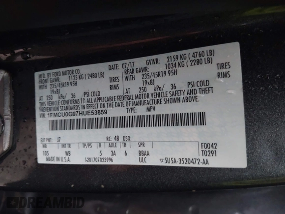 2017 Ford Escape SE with VIN 1FMCU0G97HUE53859, listed as a IAAI auction lot 41898162 with 79,619 mi miles. Bid and sale history available at carsss.com. Image 9.