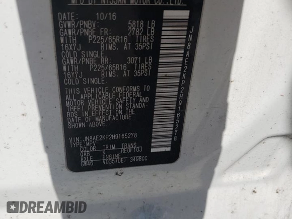 2017 Nissan Quest SV z VIN JN8AE2KP2H9165278, wystawiony jako Copart lot #51958005 z przebiegiem 183 116 mil mil oraz Szkoda całkowita • Salvage title. Historia ofert i sprzedaży dostępna na DreamBid. Obrazek 15.