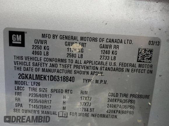 2013 GMC Terrain SLE with VIN 2GKALMEK1D6318840, listed as a Copart auction lot 54196715 with 125,267 mi miles and Clean Title. Bid and sale history available at carsss.com. Image 14.