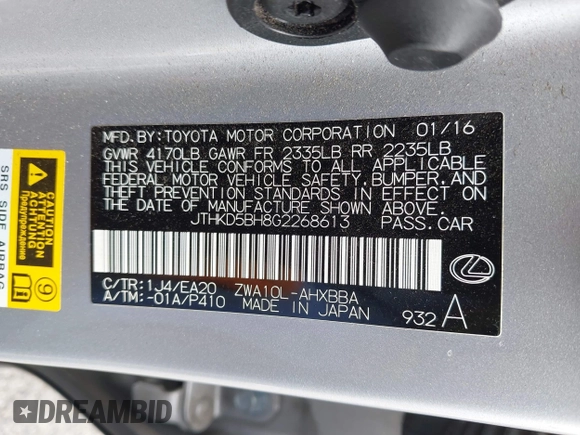 2016 Lexus CT 200h with VIN JTHKD5BH8G2268613, listed as a IAAI auction lot 42034614 with 91,778 mi miles and . Bid and sale history available at carsss.com. Image 9.